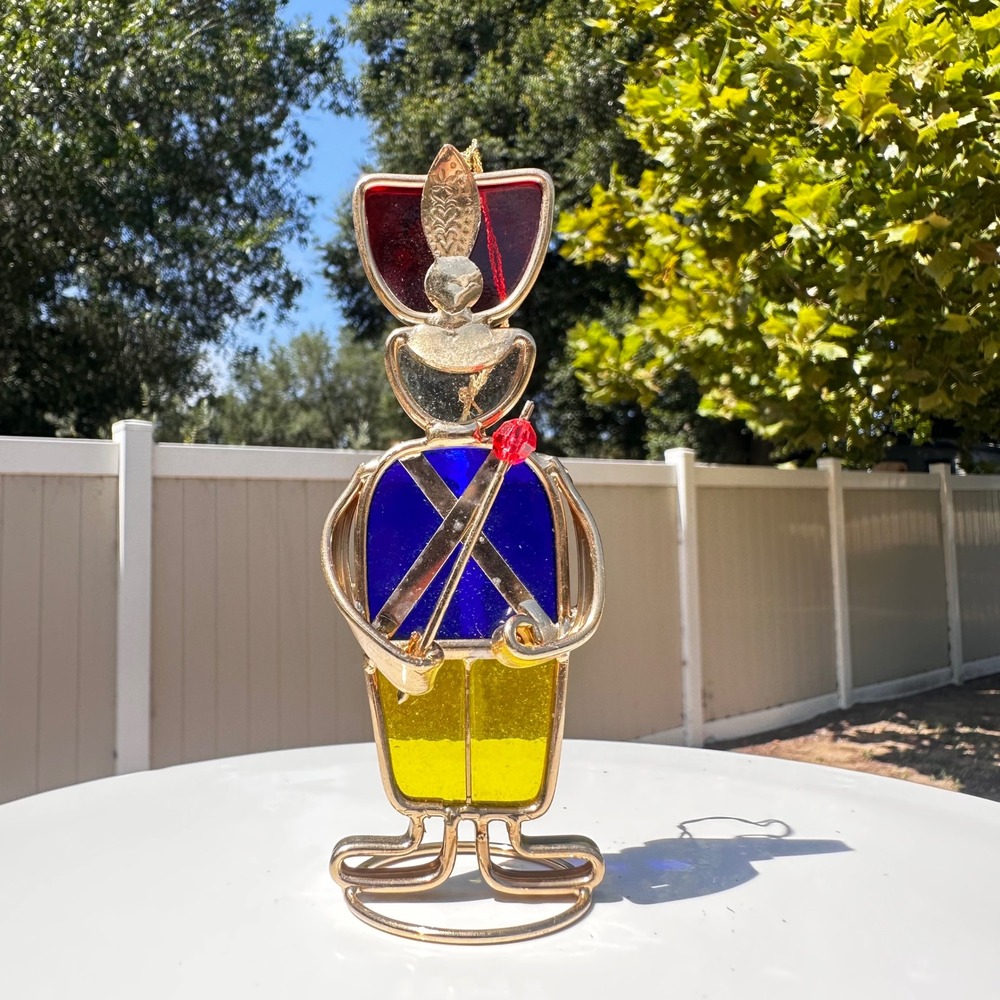 Vintage Stained Glass Toy Soldier Drummer Christmas Ornament Gold Tone Handmade